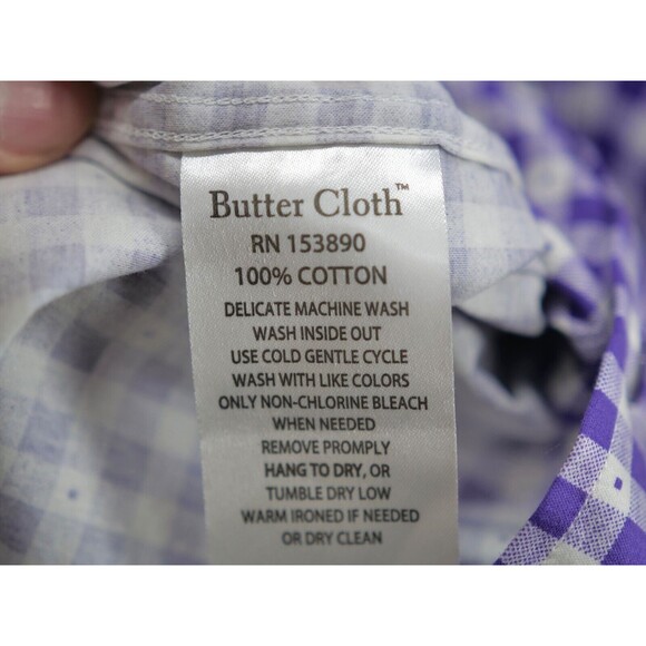 Butter Cloth Men Large Slim Fit Button Shirt Cotton Gingham‎ Purple Short Sleeve - Picture 5 of 8